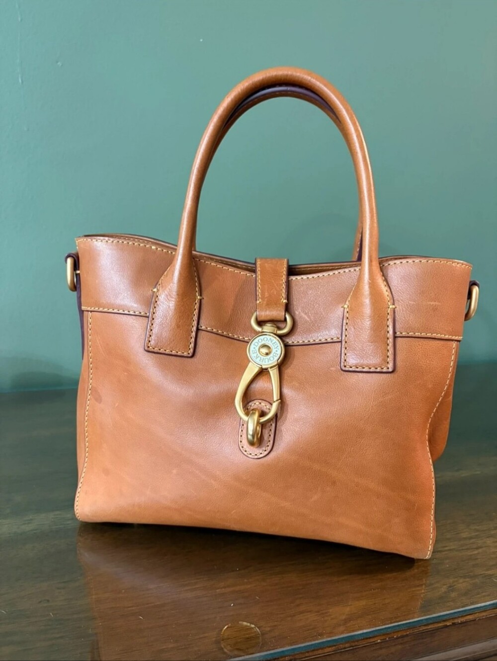 Dooney & Bourke Cognac Floretine Leather Satchel with Gold Hardware